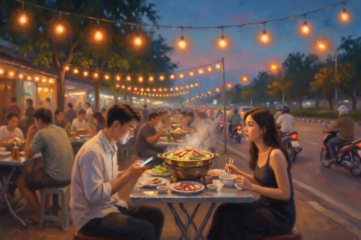 ร้านหมูกระทะริมถนนตอนกลางคืน คู่รักหนุ่มสาวนั่งโต๊ะเล็กมีเตาย่างควันลอยอยู่ตรงกลาง ผู้ชายก้มมองโทรศัพท์ที่วางหงายเรืองแสงข้างจาน ผู้หญิงวางตะเกียบแล้วหันไปมองถนน ด้านบนมีไฟหลอดกลมห้อยเป็นสาย