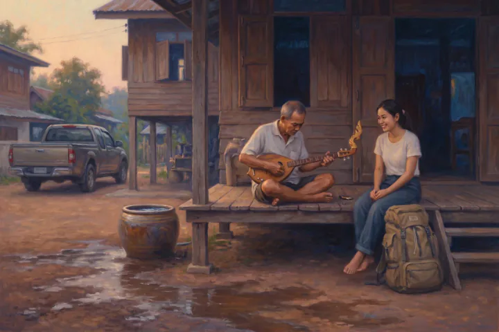 ชานบ้านไม้ในหมู่บ้านอีสานตอนบ่าย ชายสูงวัยนั่งขันสายพิณ ลูกสาววัย 20 กว่านั่งข้างๆ มีเป้ใบใหญ่ที่จัดเสร็จแล้ววางอยู่ที่เท้า ลานดินหน้าบ้านมีรถกระบะจอดอยู่