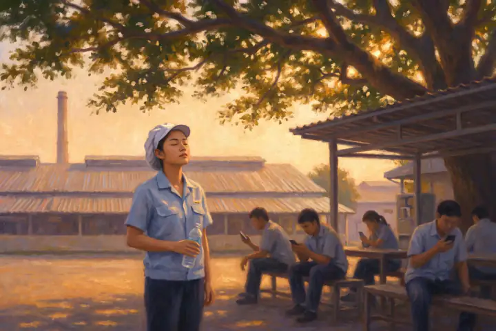 ช่วงพักในนิคมอุตสาหกรรม หญิงสาวในชุดยูนิฟอร์มโรงงานกับหมวกคลุมผม ยืนหลับตาใต้ต้นจามจุรีใหญ่ข้างโรงอาหาร มือถือขวดน้ำ เพื่อนๆ นั่งก้มดูโทรศัพท์อยู่บนม้านั่งด้านหลัง ไกลออกไปเป็นหลังคาโรงงาน