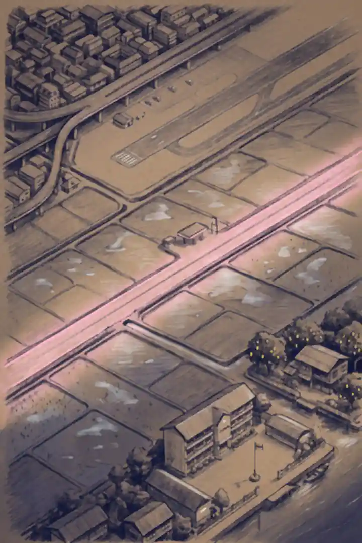 แผนที่ภาพวาดไม่มีตัวอักษร ฝั่งหนึ่งเป็นหลังคาเมืองหนาแน่นกับรันเวย์สนามบิน ถนนตรงยาวผ่านทุ่งนาไปถึงเมืองริมแม่น้ำที่มีโรงเรียน และบ้านริมคลองกลางสวนมะม่วงอีกฝั่ง