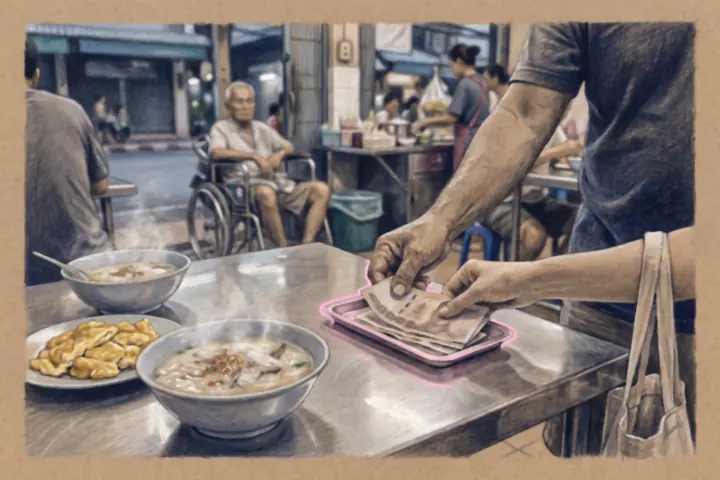 โต๊ะสแตนเลสในร้านข้าวต้มยามเช้า ชามข้าวต้มคู่หนึ่งกับไข่เจียว มือผู้ชายกับมือผู้หญิงต่างวางเงินลงบนถาดใบเสร็จใบเล็กใบเดียวกัน