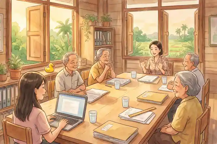 ห้องพักครูของโรงเรียนต่างจังหวัดยามบ่ายแก่ โต๊ะประชุมยาว มีแก้วน้ำพลาสติกและกองเอกสาร ครูผู้หญิงที่ปลายโต๊ะยกสองมือโบกเบาๆ แบบไม่รับ เพื่อนครูยิ้มชื่นชม ครูสาวอีกคนนั่งหน้าแล็ปท็อปอยู่อีกฝั่ง