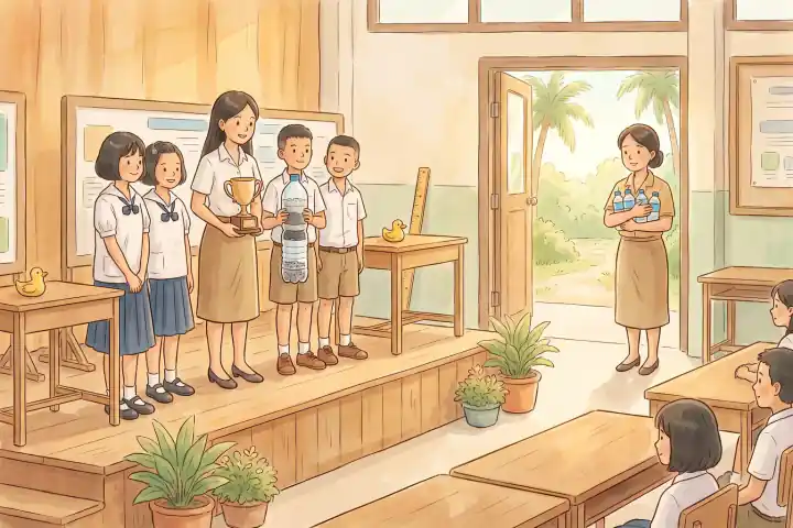 หอประชุมงานประกวดวิทยาศาสตร์ บนเวทีครูสาวยืนกับนักเรียนที่ถือเครื่องกรองน้ำทำเองและถ้วยรางวัล หลังสุดตรงประตูที่เปิดอยู่ ครูผู้หญิงอีกคนยืนคนเดียว กอดขวดน้ำของเด็กๆ ไว้ มองขึ้นไปบนเวที