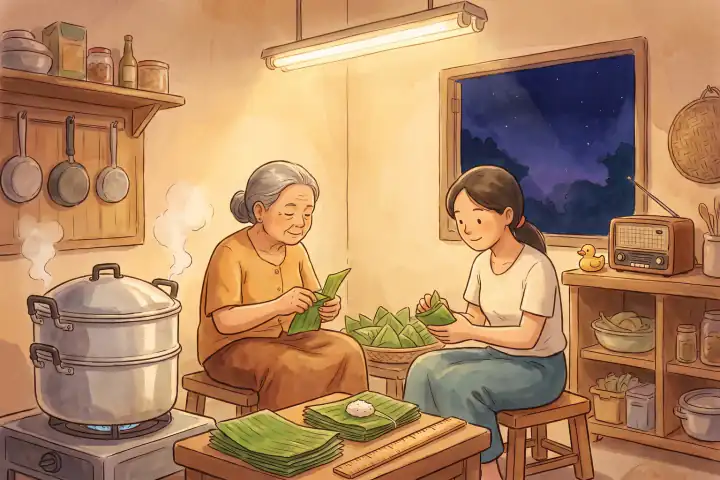 ครัวบ้านไทยตอนตีสี่ใต้หลอดนีออน แม่วัยหกสิบกว่ากับลูกสาววัยทำงานนั่งเก้าอี้เตี้ยห่อขนมด้วยใบตอง ไอน้ำลอยจากหม้อนึ่ง วิทยุเครื่องเล็กวางบนหิ้ง นอกหน้าต่างฟ้ายังมืด