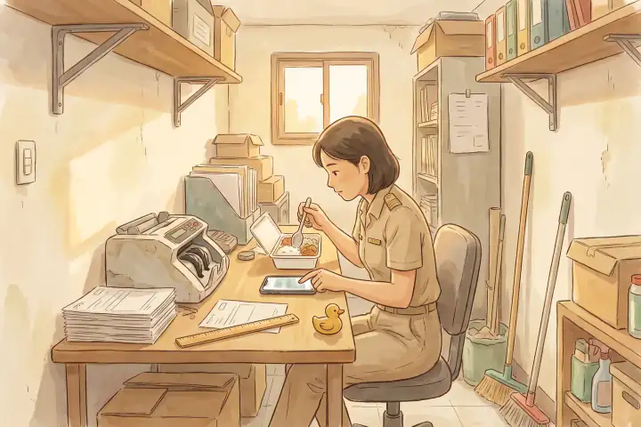 ห้องพักแคบๆ หลังเคาน์เตอร์ของสาขาธนาคารในห้าง ผู้หญิงในชุดพนักงานเรียบๆ นั่งกินข้าวกล่องที่โต๊ะเล็ก นิ้วโป้งค้างอยู่เหนือมือถือ ข้างตัวมีเครื่องนับธนบัตรและกองแบบฟอร์ม