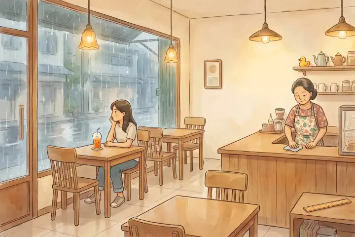 ร้านกาแฟห้องแถวในอำเภอต่างจังหวัดยามบ่ายที่ฝนตก โต๊ะว่างทุกตัว มีผู้หญิงคนเดียวนั่งริมหน้าต่างกับแก้วชาเย็น เจ้าของร้านยืนเช็ดเคาน์เตอร์ช้าๆ สายฝนไหลเป็นทางบนกระจก