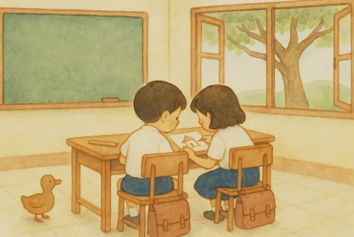 ห้องเรียนไทยแบบสมัยก่อน เด็กนักเรียนสองคนนั่งโต๊ะติดกัน คนหนึ่งเอียงตัวไปแอบดูรูปบ้านที่อีกคนวาด นอกหน้าต่างมีต้นไม้ใหญ่และเนินเขาไกลลิบ เป็ดตัวเล็กยืนอยู่ข้างโต๊ะ