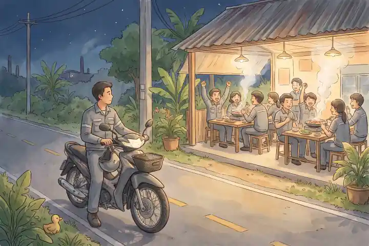 กลางคืน ชายในชุดช่างสีเทานั่งคร่อมมอเตอร์ไซค์อยู่คนเดียวริมถนนเล็ก ฝั่งตรงข้ามเป็นร้านหมูกระทะเปิดโล่งไฟสว่าง เพื่อนร่วมงานในชุดเดียวกันล้อมเตาชนแก้วกัน ควันลอยขึ้นจากเตา