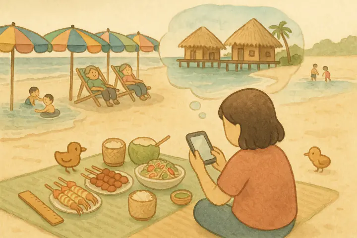 ครอบครัวไทยเที่ยวชายหาดบางแสน มีร่มหลากสี เด็กเล่นน้ำ ผู้ใหญ่นั่งพักบนเก้าอี้ผ้าใบ อาหารวางเต็มเสื่อ คนหนึ่งนั่งก้มดูมือถือ เหนือหัวลอยภาพฝันจางๆ ของบ้านพักกลางทะเลสีฟ้าใส