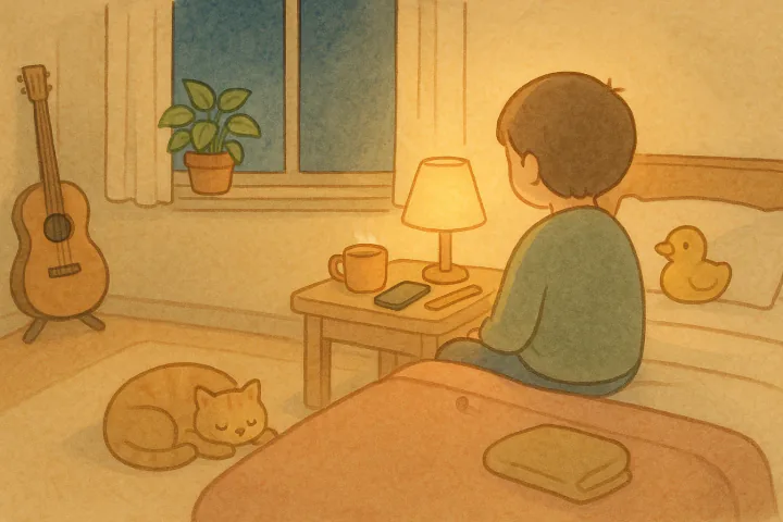 ห้องนอนห้องเดิมในคืนเดียวกัน โคมไฟข้างเตียงเปิดแสงส้มอุ่น คนหนึ่งนั่งที่ขอบเตียงหันหลังให้ มือถือคว่ำหน้าอยู่บนโต๊ะข้างไม้บรรทัดที่วางลงแล้ว รอบห้องมีกีตาร์ ต้นไม้ แก้วชาอุ่น และแมวนอนขดอยู่