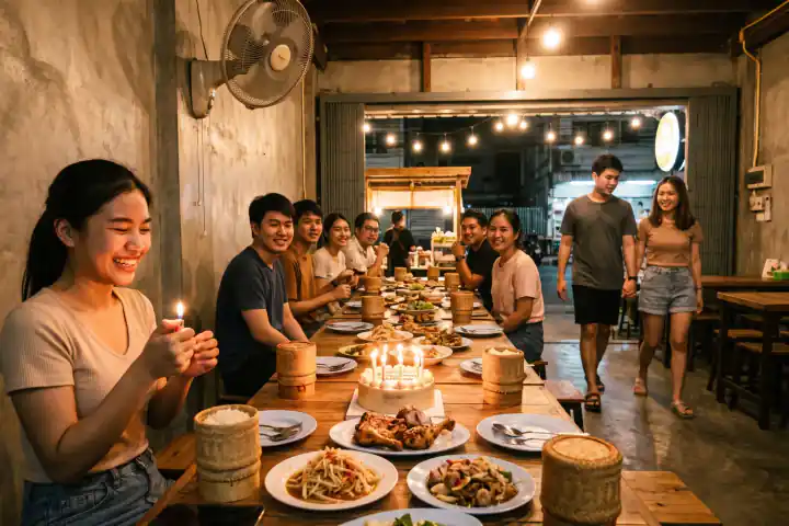 ร้านอาหารอีสานยามค่ำ โต๊ะยาวเต็มไปด้วยกลุ่มเพื่อนวัยยี่สิบปลาย บนโต๊ะมีเค้กวันเกิดปักเทียน หญิงสาวที่หัวโต๊ะถือไฟแช็กและยิ้มกว้าง ปลายโต๊ะอีกด้านมีคู่หนึ่งเพิ่งเดินเข้ามาจูงมือกัน