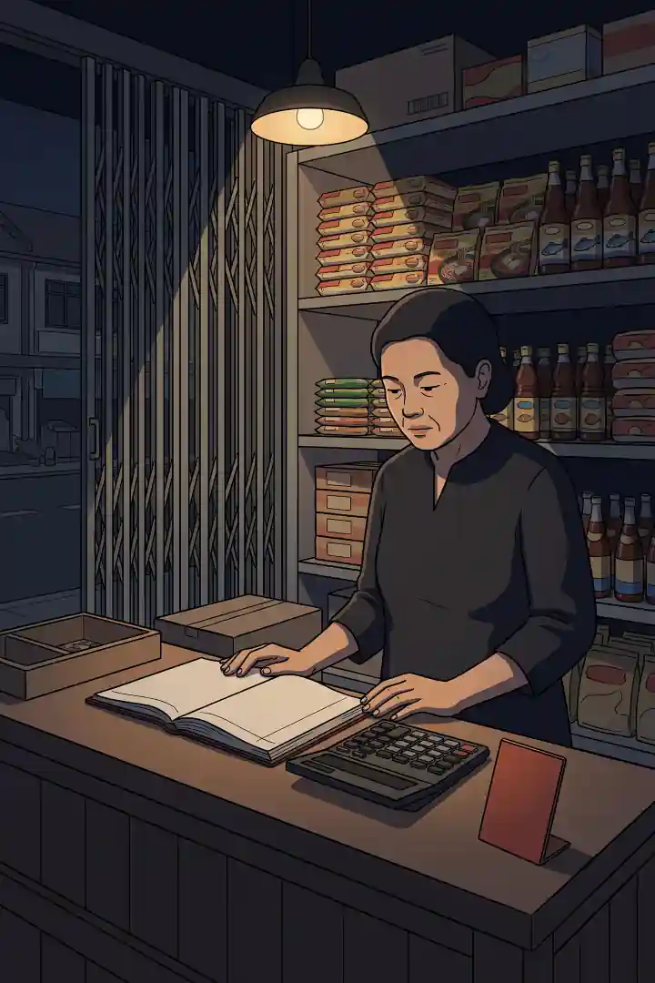 ร้านชำห้องแถวยามค่ำ ประตูเหล็กยืดดึงลงมาครึ่งหนึ่ง หญิงวัยห้าสิบปลายยืนหลังเคาน์เตอร์ ตรงหน้ามีสมุดบัญชีเปิดอยู่กับเครื่องคิดเลขเก่า และป้ายชำระเงินที่ถูกคว่ำหน้าลง