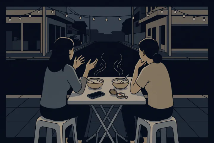 ร้านข้าวต้มริมถนนตอนพลบค่ำ ผู้หญิงสองคนนั่งเก้าอี้พลาสติกที่โต๊ะเหล็ก มองจากด้านหลัง คนที่อายุน้อยกว่าโน้มตัวมาข้างหน้าพูดพลางทำมือ อีกคนเท้าคางฟัง ไอร้อนลอยจากชามข้าวต้มสองชาม