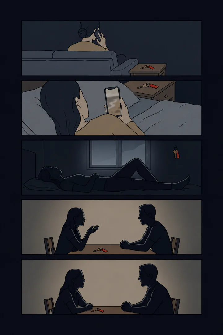 ภาพห้าช่อง หญิงรับโทรศัพท์ดึก ดูรูปทะเลในมือถือ นอนมองเพดาน คุยกับน้องชายที่โต๊ะคืนสิ้นปี แล้วนั่งคุยกันอีกครั้ง กุญแจวางข้างหญิง ชายประสานมือบนโต๊ะ ทุกช่องมีกุญแจดอกเดียวกัน