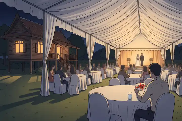เต็นท์งานแต่งข้างบ้านต่างจังหวัดยามค่ำ โต๊ะจีนกลมเรียงหลายแถว ผู้ชายวัยสามสิบกว่านั่งโต๊ะเกือบท้ายสุด ตรงหน้ามีแค่แก้วน้ำเปล่า มองไปที่เจ้าสาวบนเวทีเล็กไกลออกไป ในมือถือซองใส่เงิน