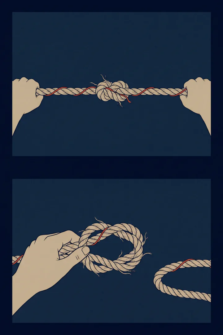 ภาพสองชั้น ชั้นบนมือสองข้างดึงปลายเชือกปอคนละทาง ปมตรงกลางถูกรัดแน่นจนเส้นใยตึง ชั้นล่างเชือกเส้นเดิม มือข้างเดียวค่อยๆ คลายปมออก อีกปลายวางหย่อนอยู่เฉยๆ