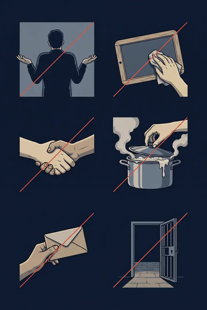 หน้ากระดาษแบ่งเป็นภาพเล็กหกช่อง คนยักไหล่แบมือ มือเช็ดกระดานจนเกลี้ยง มือสองข้างจับกัน มือกดฝาหม้อที่ยังเดือดล้น ซองจดหมายที่ถูกยื่นออกไป และประตูห้องขังที่เปิดว่าง ทุกช่องมีเส้นสีแดงขีดทับ