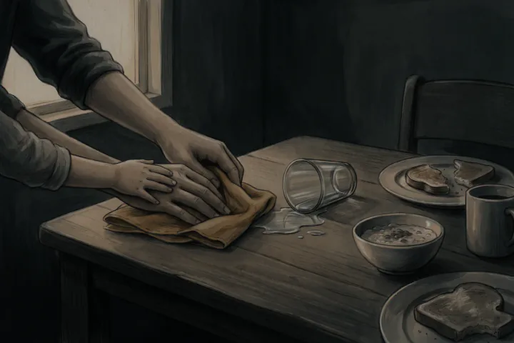 โต๊ะกินข้าวในบ้านยามเช้า แก้วน้ำล้มและน้ำหกเป็นวง มือเล็กๆ ของเด็กกับมือของผู้ใหญ่ช่วยกันเช็ดด้วยผ้าผืนเดียวกัน