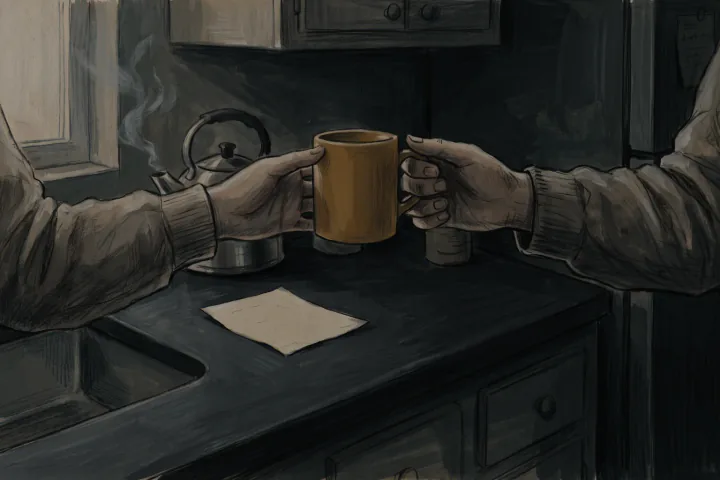 ในครัวเล็กๆ ของห้องเช่า มือคนหนึ่งยื่นแก้วกาแฟใบใหม่ให้มืออีกคู่ที่ยื่นมารับ บนเคาน์เตอร์มีกระดาษโน้ตเล็กๆ ไม่มีตัวหนังสือ และกาต้มน้ำที่กำลังเดือด
