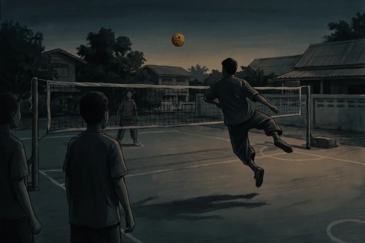 สนามตะกร้อยามเย็น ลูกตะกร้อสานลอยอยู่กลางอากาศเหนือตาข่าย ผู้เล่นคนหนึ่งกระโดดเตะลูกอย่างผ่อนคลาย เพื่อนร่วมทีมสองคนยืนรอรับด้วยท่าทีสบายๆ เงายาวทอดบนพื้นสนาม