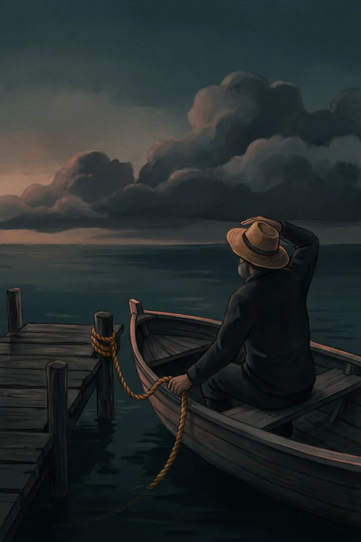 ท่าเรือไม้เล็กๆ ริมทะเลยามรุ่งสาง ชาวประมงคนหนึ่งยืนบนเรือลำเล็ก มือหนึ่งจับเชือก อีกมือป้องตามองท้องฟ้าที่มีเมฆก้อนใหญ่ลอยอยู่ไกลๆ เรือพร้อมออก แต่เขายังดูฟ้าอยู่