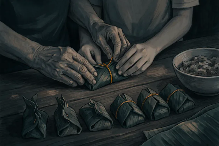 ภาพมือใกล้ๆ บนโต๊ะไม้ในครัวบ้าน มือผู้ใหญ่สูงวัยคู่หนึ่งค่อยๆ จับมือวัยรุ่นพับใบตองห่อขนม รอบๆ มีห่อที่พับเบี้ยวๆ หลายห่อ และห่อที่เรียบร้อยขึ้นทีละห่อ