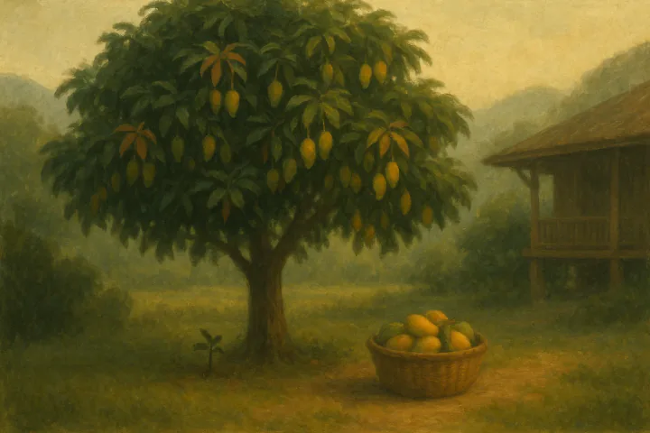 ต้นมะม่วงโตเต็มที่ในสวนข้างบ้านไม้ พุ่มใบเขียวเข้มกว้างมียอดอ่อนสีแดงแซม ผลมะม่วงทั้งสีเขียวและสีเหลืองห้อยเต็มต้น ใต้ต้นมีตะกร้าสานใส่มะม่วง และต้นกล้ามะม่วงเล็กๆ ขึ้นอยู่ใกล้โคนต้น