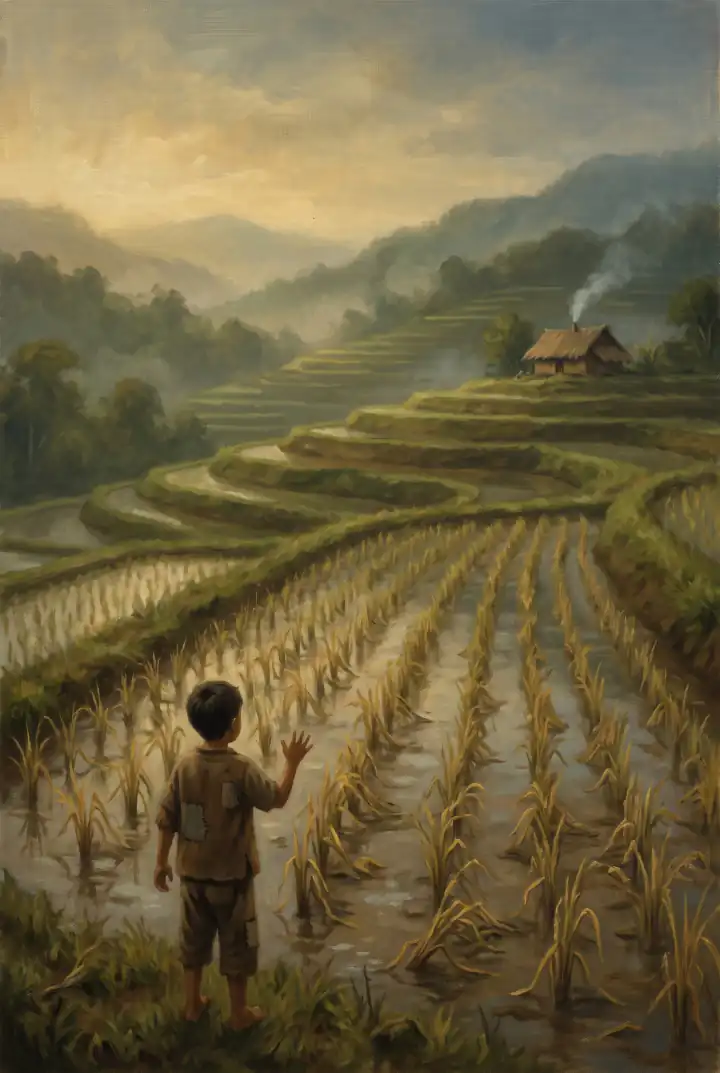 เช้าตรู่ในหุบเขานาขั้นบันได เด็กชายวิ่งมาหยุดที่คันนา มือยังยกค้างด้วยความตกใจ ตรงหน้าต้นกล้าทั้งแปลงที่ถูกดึงให้สูงเมื่อวานเหี่ยวเหลืองล้มพับอยู่ในน้ำ ไกลออกไปมีกระท่อมมุงจากในหมอก
