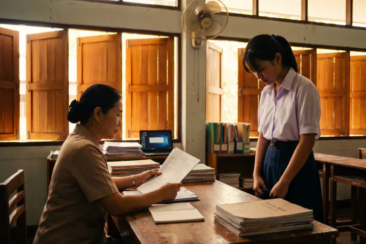 ห้องพักครูของโรงเรียนต่างจังหวัดตอนเที่ยง ครูผู้หญิงวัยกลางคนนั่งที่โต๊ะ เปิดรายงานที่เย็บมุมไว้ มีวงปากกาแดงอยู่บรรทัดหนึ่ง เด็กสาวในชุดนักเรียนยืนตรงหน้า มือกำชายกระโปรง