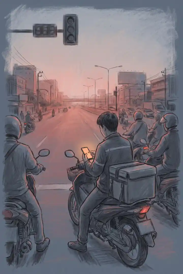 ไฟแดงตอนเช้าบนถนนสายใหญ่ ไรเดอร์คนเดิมจอดรอท่ามกลางมอเตอร์ไซค์คันอื่น นิ้วโป้งพิมพ์ข้อความบนโทรศัพท์ที่ยึดไว้กับแฮนด์