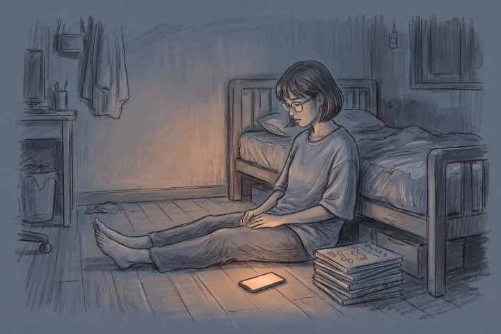 ห้องเช่าเล็กๆ ยามดึกที่ไม่ได้เปิดไฟ ครูสาวนั่งพิงเตียงอยู่บนพื้น ข้างตัวมีกองสมุดการบ้านนักเรียน โทรศัพท์บนพื้นสว่างขึ้นเพราะมีสายเข้า เธอมองมันอยู่เฉยๆ