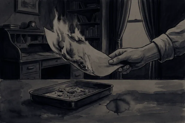 มือคนหนึ่งถือกระดาษที่กำลังไหม้อยู่เหนือถาดสังกะสี ขี้เถ้าที่ร่วงลงในถาดยังมีรอยตารางจางๆ เหลืออยู่