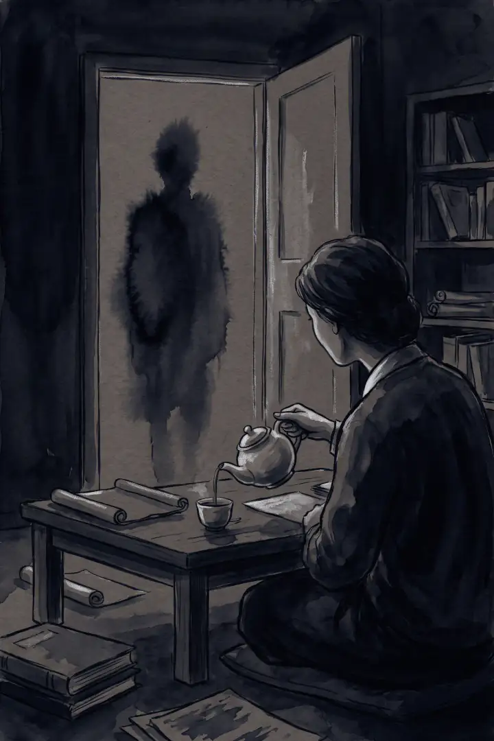 ห้องเล็กยามเย็น คนคนหนึ่งนั่งรินชาอยู่ที่โต๊ะ ที่ประตูมีเงาหมึกรูปคนยืนอยู่ คนที่โต๊ะเหลือบไปมองครู่หนึ่ง แล้วรินชาต่อโดยไม่ลุกไปไล่และไม่เดินตาม