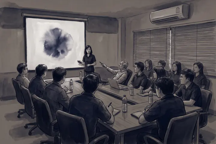 ห้องประชุมบริษัทยามบ่าย หญิงสาวในเสื้อเชิ้ตแขนสั้นสีเข้มยืนข้างจอฉาย มือกำรีโมตแน่น คนรอบโต๊ะยาวหันมามอง ชายสูงวัยที่หัวโต๊ะชี้ไปที่จอซึ่งมีแต่รอยหมึกซึม