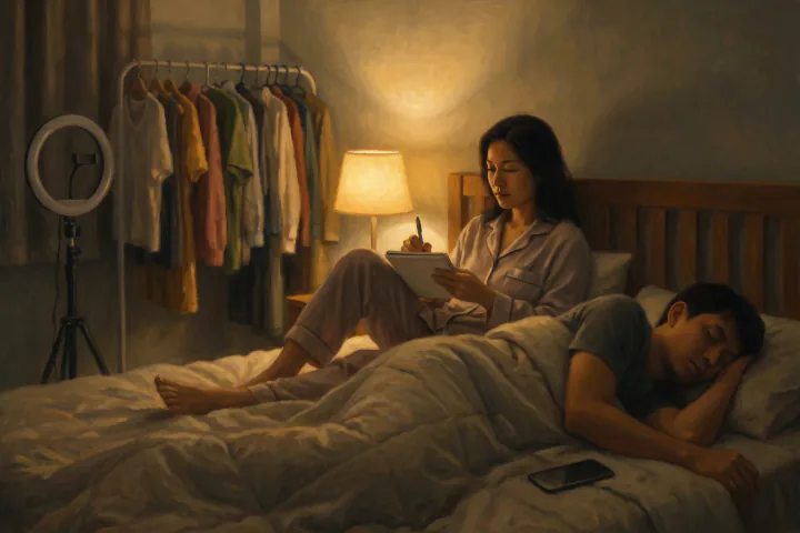 ห้องนอนในทาวน์เฮาส์ตอนดึก หญิงวัยสามสิบกว่านั่งพิงหัวเตียง จดอะไรสั้นๆ ลงสมุดเล่มเล็กใต้แสงโคมหัวเตียง โทรศัพท์คว่ำอยู่ข้างตัว สามีหลับอยู่อีกฝั่ง มุมห้องมีไฟวงแหวนพับเก็บกับราวเสื้อผ้ามือสอง