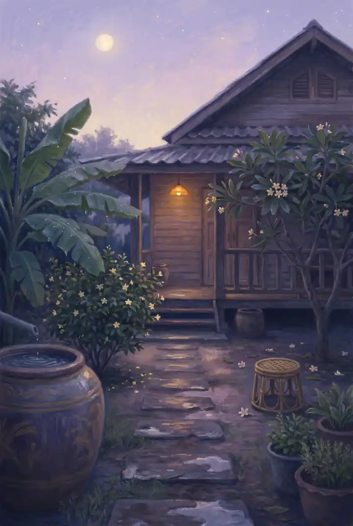 สวนหลังบ้านไม้หลังเก่าตอนหัวค่ำหลังฝนหยุด ทางเดินหินที่ยังเปียกทอดไปถึงชานบ้านที่มีไฟดวงเล็กส่องอยู่ สองข้างทางมีโอ่งดิน ใบกล้วยที่มีหยดน้ำ พุ่มมะลิ และดอกลีลาวดีร่วงอยู่บนพื้น