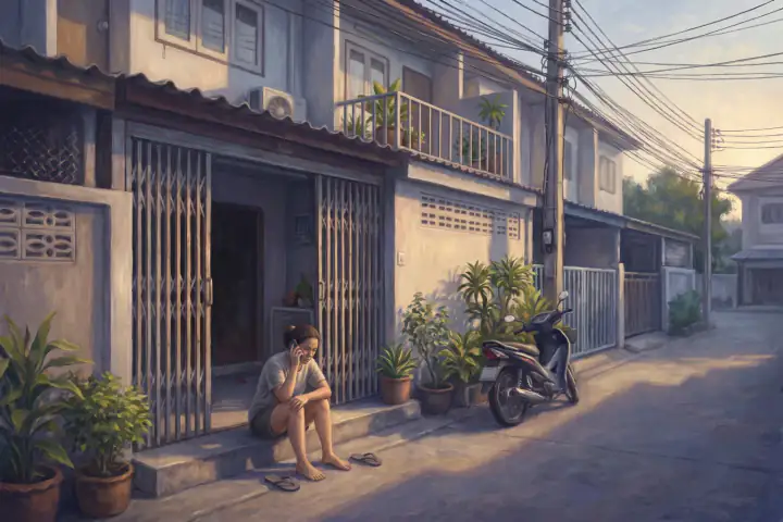 บ่ายแก่ ผู้หญิงคนหนึ่งในชุดอยู่บ้านนั่งบนขั้นบันไดหน้าทาวน์เฮาส์ คุยโทรศัพท์แนบหู มืออีกข้างกอดเข่า รองเท้าแตะวางข้างตัว ข้างๆ มีประตูรั้วเหล็กกับกระถางต้นไม้