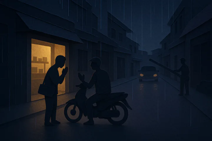 ค่ำวันฝนพรำในซอยตึกแถว คนทำงานเพิ่งลงจากมอเตอร์ไซค์รับจ้างแล้วยกมือไหว้ขอบคุณคนขับ ไกลออกไปมียามยกไม้กั้นให้รถคันหนึ่งผ่าน แสงอุ่นลอดออกมาจากร้านขายของชำ
