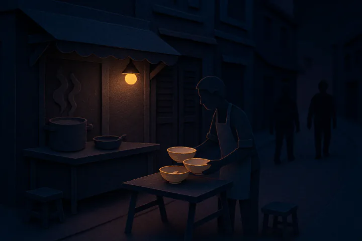 คนขายอาหารร้านรถเข็นริมซอยยามค่ำ ก้มเก็บชามที่ลูกค้ากินจนเกลี้ยงใต้แสงหลอดไฟดวงเดียว ขณะที่ลูกค้าสองคนเดินจากไปอย่างอิ่มใจ