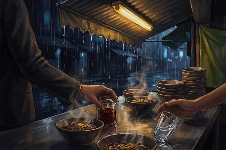 ก๋วยเตี๋ยวเรือหลายชามบนโต๊ะสแตนเลสในซอยยามค่ำ มือคนหนึ่งเลื่อนกระปุกพริกไปให้อีกคน ฝนตกเป็นสายอยู่นอกกันสาด