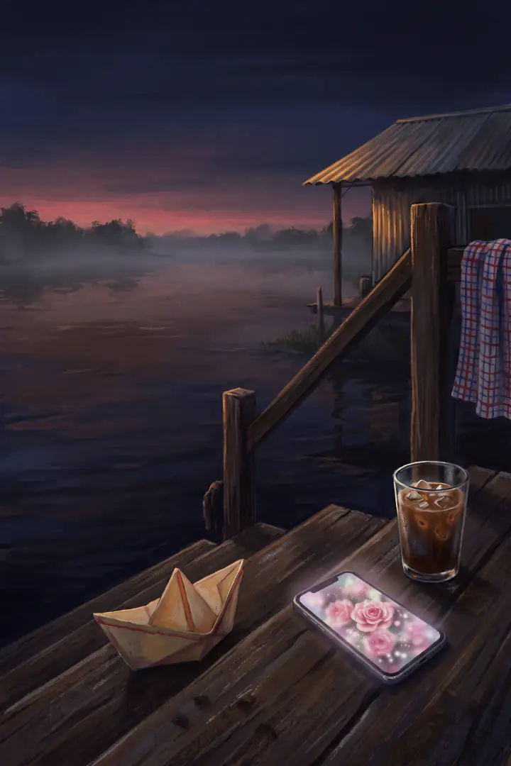แสงแรกของเช้าบนท่าน้ำ เรือกระดาษลำเล็กที่ยังแห้งวางอยู่บนขั้นบันไดข้างโทรศัพท์ที่หน้าจอเป็นภาพดอกไม้ ผ้าขาวม้าพาดอยู่บนเสาอู่