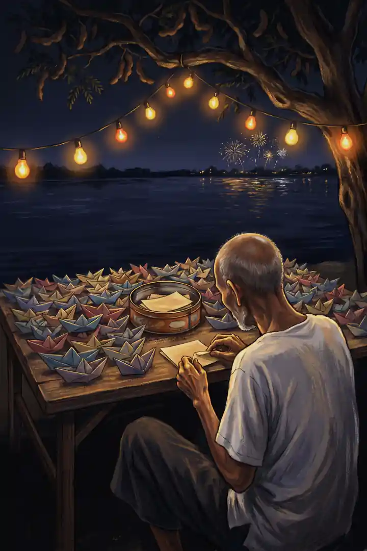 แผงเรือกระดาษของชายแก่ริมแม่น้ำยามค่ำ หลอดไฟห้อยเป็นสาย เรือกระดาษสีซีดวางเต็มโต๊ะ กล่องขนมสังกะสีเปิดฝาอยู่ ชายแก่นั่งหันหลังพับเรือ