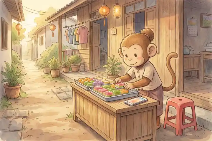 เช้าวันเปิดร้านขนมไทยเล็กๆ หน้าบ้านเช่า ลูกสาวลิงจัดขนมชั้นใส่ถาด เหลือบมองโทรศัพท์บนเคาน์เตอร์ ข้างร้านมีเก้าอี้พลาสติกว่างอยู่หนึ่งตัว