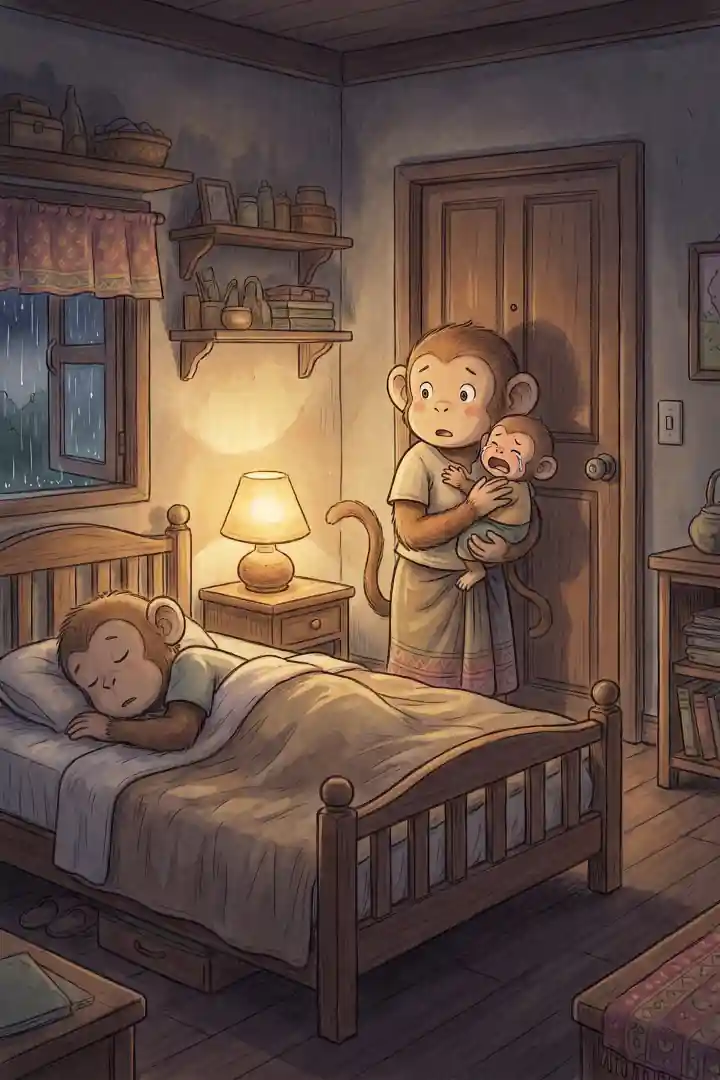 ห้องนอนสลัวกลางดึก แม่ลิงยืนอุ้มลูกลิงตัวน้อยที่กำลังร้องพาดบ่า หน้านิ่งค้างมองไปทางประตูห้อง บนเตียงพ่อลิงนอนหันหลังหลับอยู่