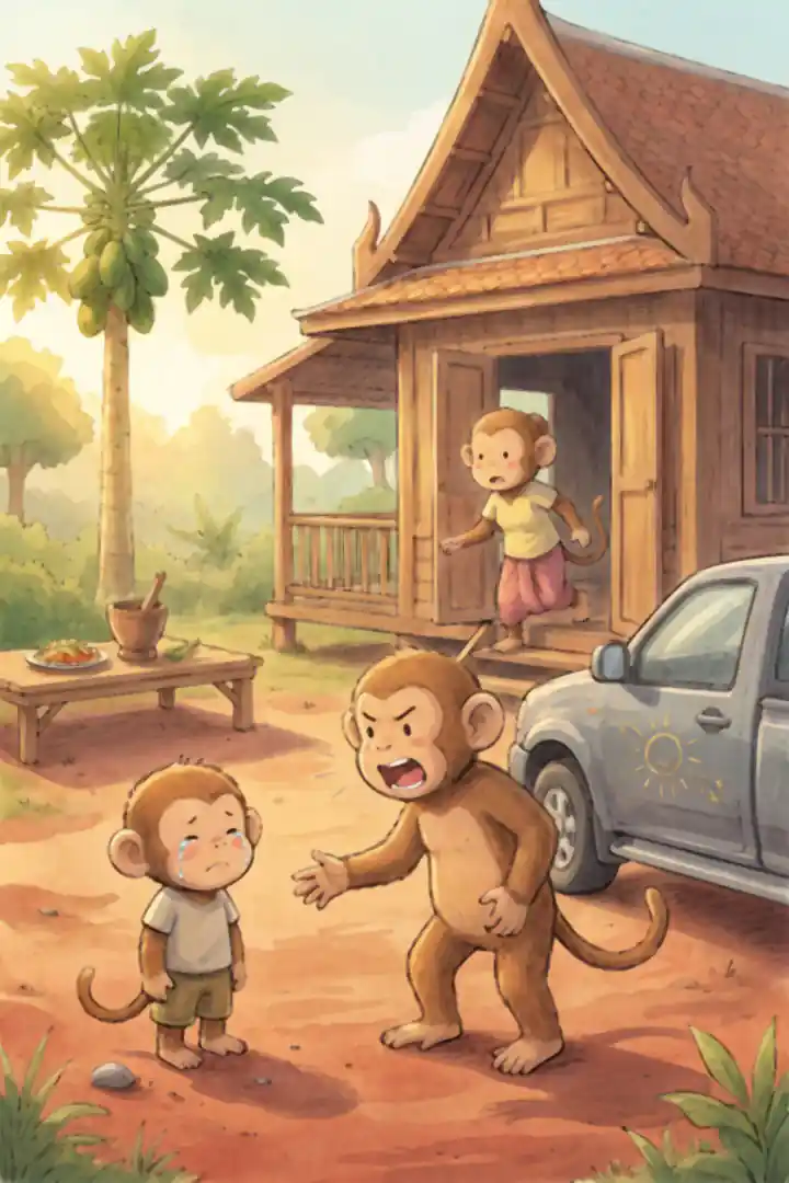 หน้าบ้านไม้ยามบ่าย ประตูรถกระบะมีรอยขีดเป็นรูปพระอาทิตย์ หลานลิงตัวเล็กยืนร้องไห้ข้างก้อนหินที่หล่นอยู่ น้าลิงยืนชะงักหลังตะคอก แม่ของเด็กรีบเดินออกมาจากประตูบ้าน