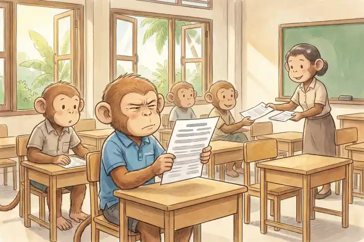 ห้องเรียนประถมเช้าวันเสาร์ พ่อลิงในเสื้อโปโลช่างยื่นแผ่นกระดาษออกไปสุดแขนแล้วหรี่ตาอ่าน พ่อลิงที่นั่งข้างๆ เหลือบมอง ครูลิงหน้าห้องกำลังแจกกระดาษเพิ่ม