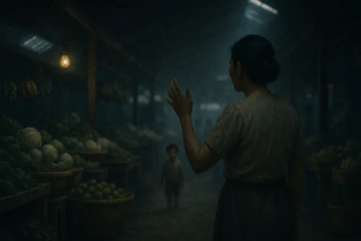 ในตลาดสดยามเช้า แม่ยืนหันหลังยกมือขึ้นเรียก ปลายทางเดินมีเด็กเล็กคนหนึ่งหยุดหันมาตามเสียงเรียกชื่อ