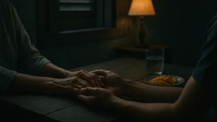 มือเหี่ยวย่นของยายวางอยู่ในมือของคนที่อายุน้อยกว่าบนโต๊ะไม้ ข้างกันมีจานมะม่วงหั่นชิ้นกับแก้วน้ำ ใต้แสงโคมไฟอุ่นๆ