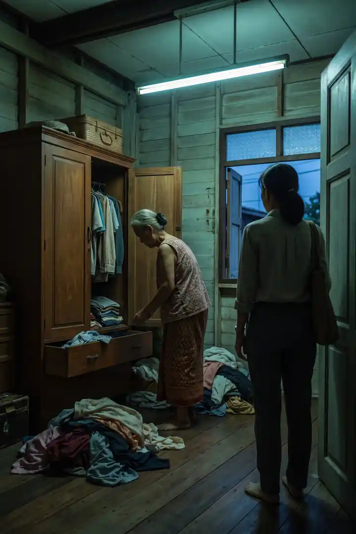 ห้องนอนในบ้านไม้ยามค่ำใต้หลอดนีออนดวงเดียว หญิงชรานุ่งผ้าถุงยืนหน้าตู้ไม้ที่เปิดอ้า ลิ้นชักถูกดึงออก เสื้อผ้ากองเต็มพื้น ลูกสาวในชุดทำงานสะพายกระเป๋ายืนนิ่งที่ประตู หันหลังให้ผู้อ่าน
