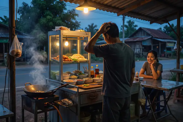 ร้านอาหารตามสั่งริมถนนตอนเที่ยง ชายวัยทำงานยืนหันหลังหน้าตู้กระจกกับเตากระทะ ยกมือเกาท้ายทอย ด้านหลังภรรยานั่งเท้าคางยิ้มอยู่ที่โต๊ะสเตนเลส